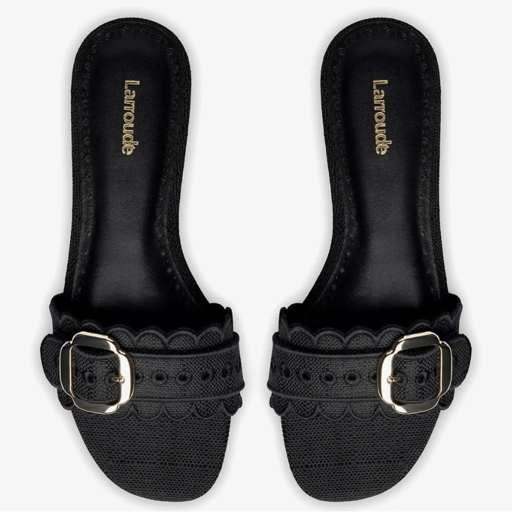 LARROUDE “Ivy” Broderie Black Raffia Flat Sandals Slides 10